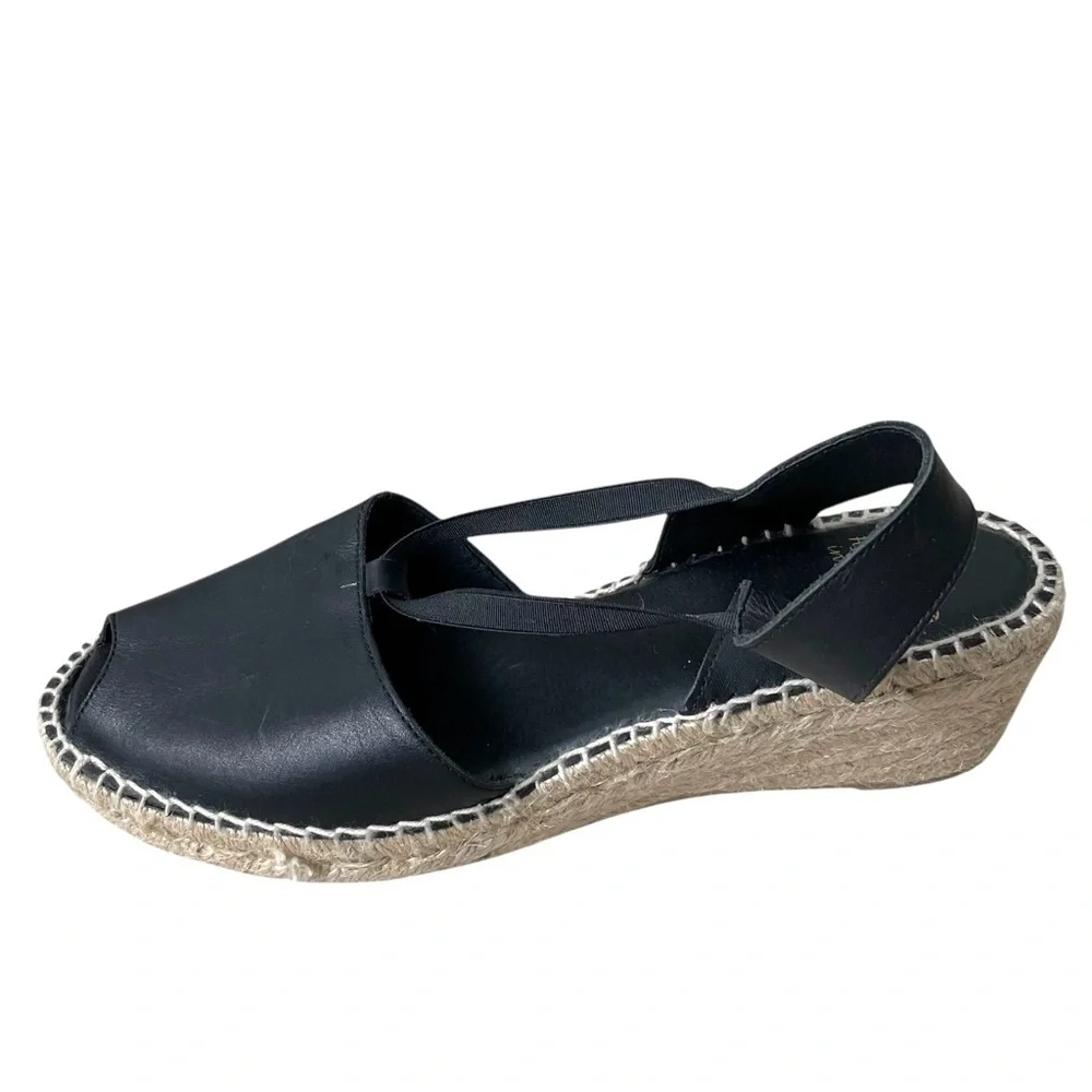 ANDRE ASSOUS Spain Leather Sling Back Peep Toe Wedge Espadrilles Sandal Black 10